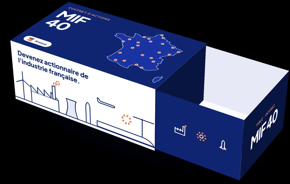 Le coffret MIF 40 : un fourreau navy avec la carte de France des usines, et un tiroir qui glisse pour révéler la carte action
